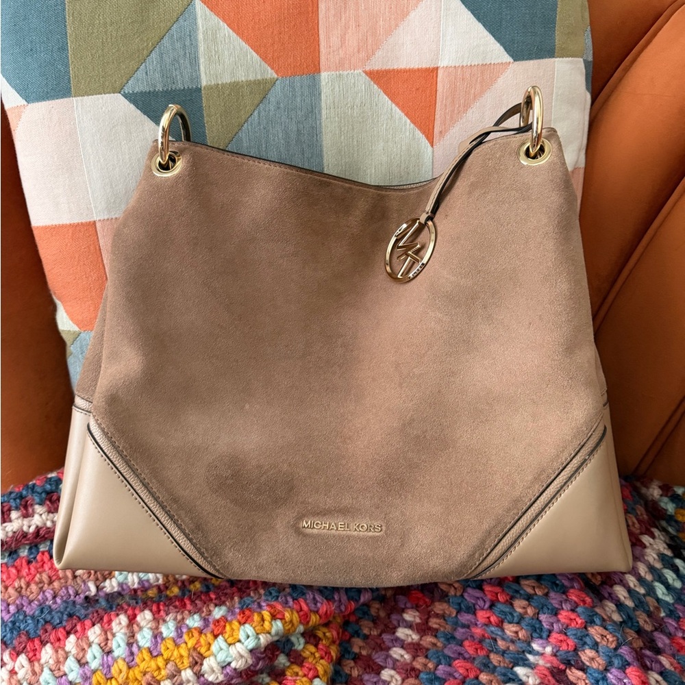 Michael Kors Taupe Suede & Leather Shoulder Hobo